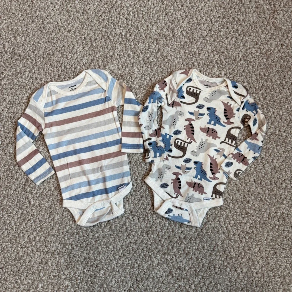 Gerber Onesies Size 3-6M Long Sleeve Bodysuit Bundle Stripe Dinosaur Cotton Baby